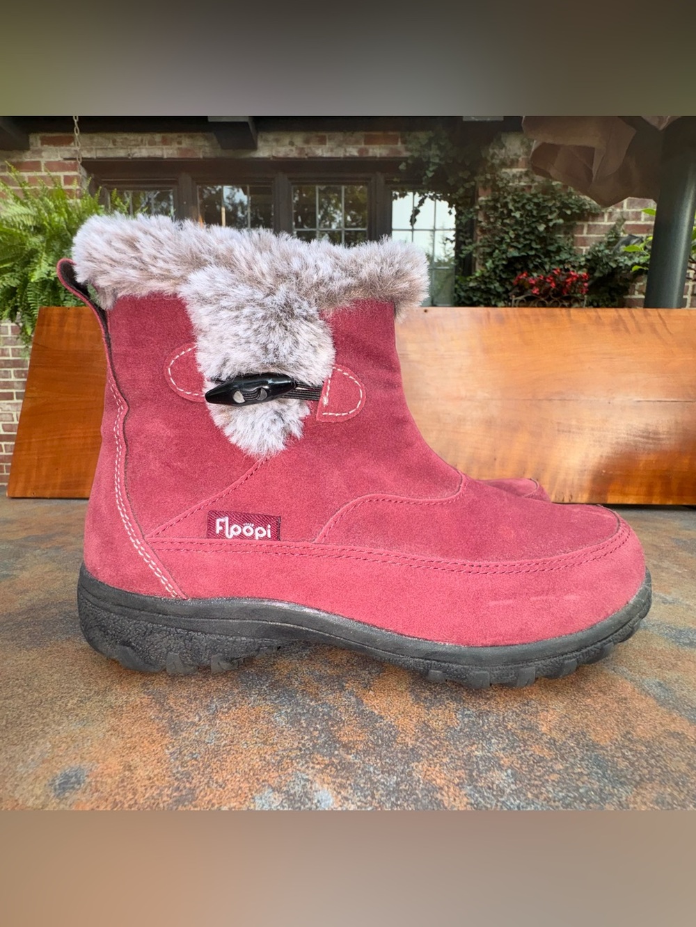 Floopi Womens Winter Ankle Boots Burgundy Suede Faux Fur Zip Toggle Size 6